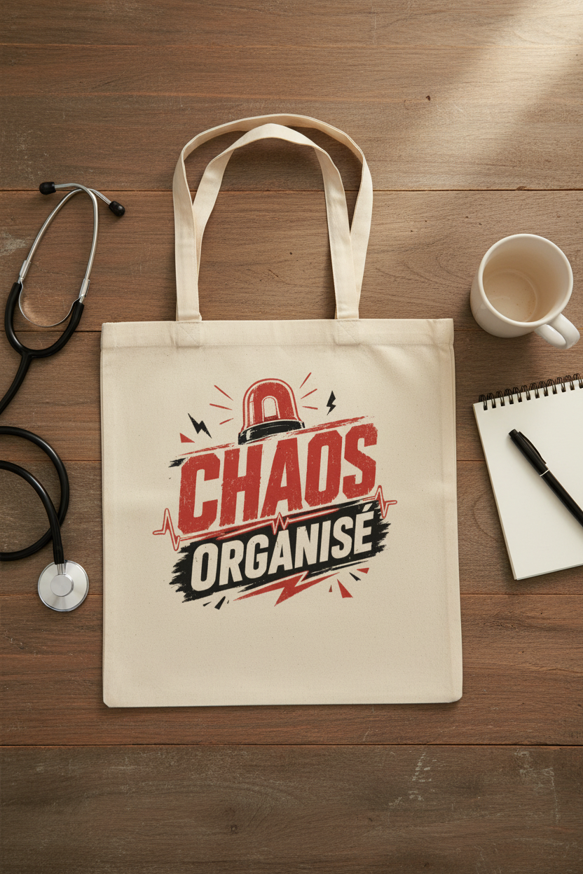 Flat lay tote bag naturel Chaos Organisé avec stéthoscope et carnet