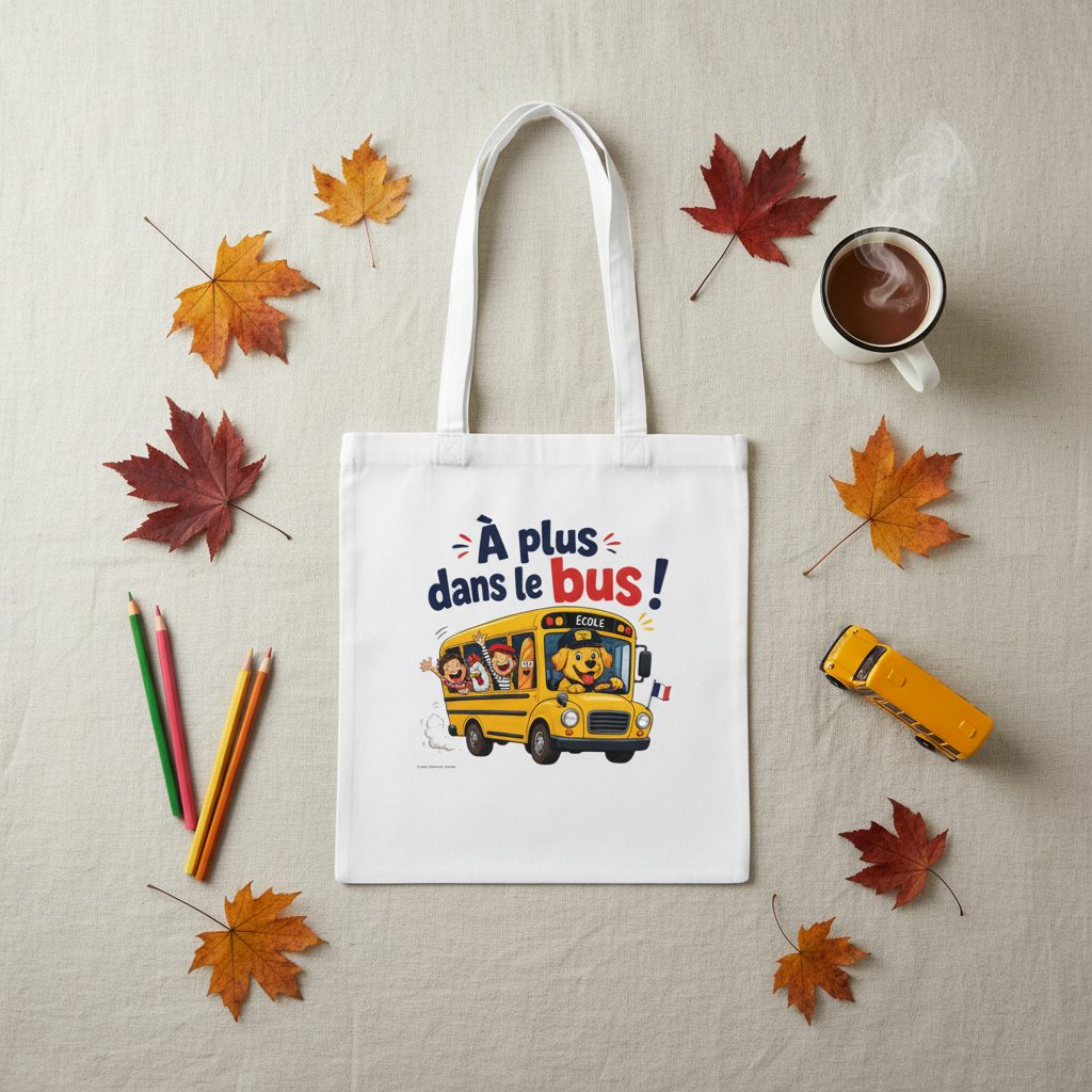 Tote bag blanc en toile, impression « À plus dans le bus ! » et bus jaune