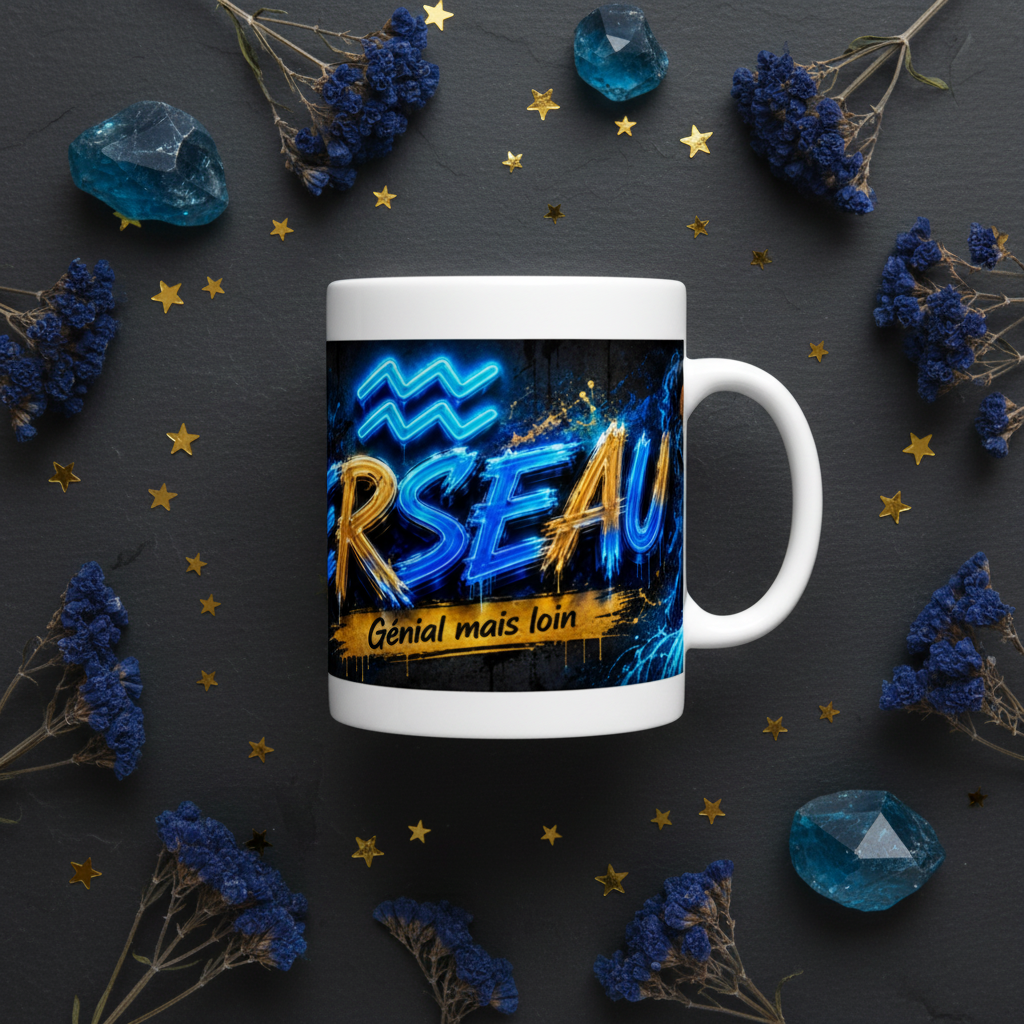 Mug blanc Verseau bleu avec impression « Génial mais loin »