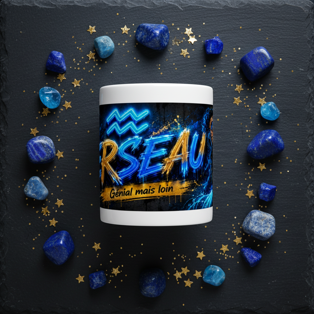 Mug Verseau bleu et doré « Génial mais loin » avec base blanche