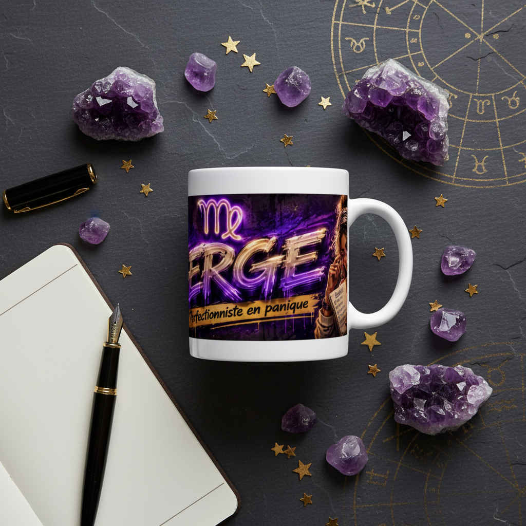 Mug blanc avec impression violette « Vierge perfectionniste en panique »