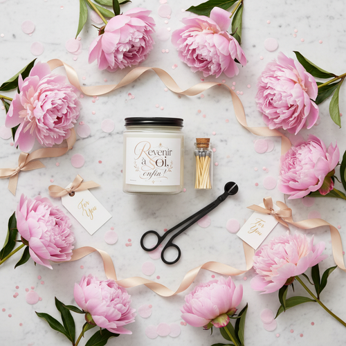 Coffret bougie parfumée en pot blanc, allumettes et coupe-mèche, ruban cadeau