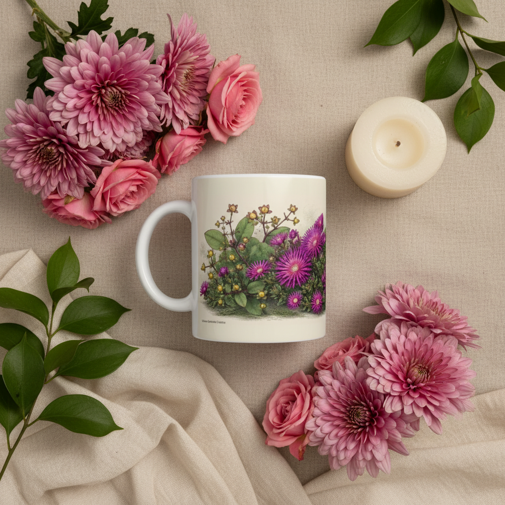 Mug blanc avec motif floral botanique rose et violet, anse latérale