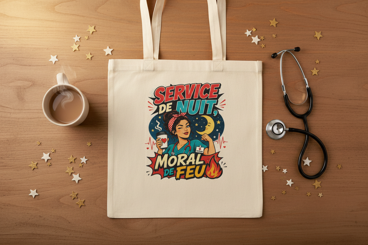Tote bag beige avec impression Service de Nuit Moral de Feu