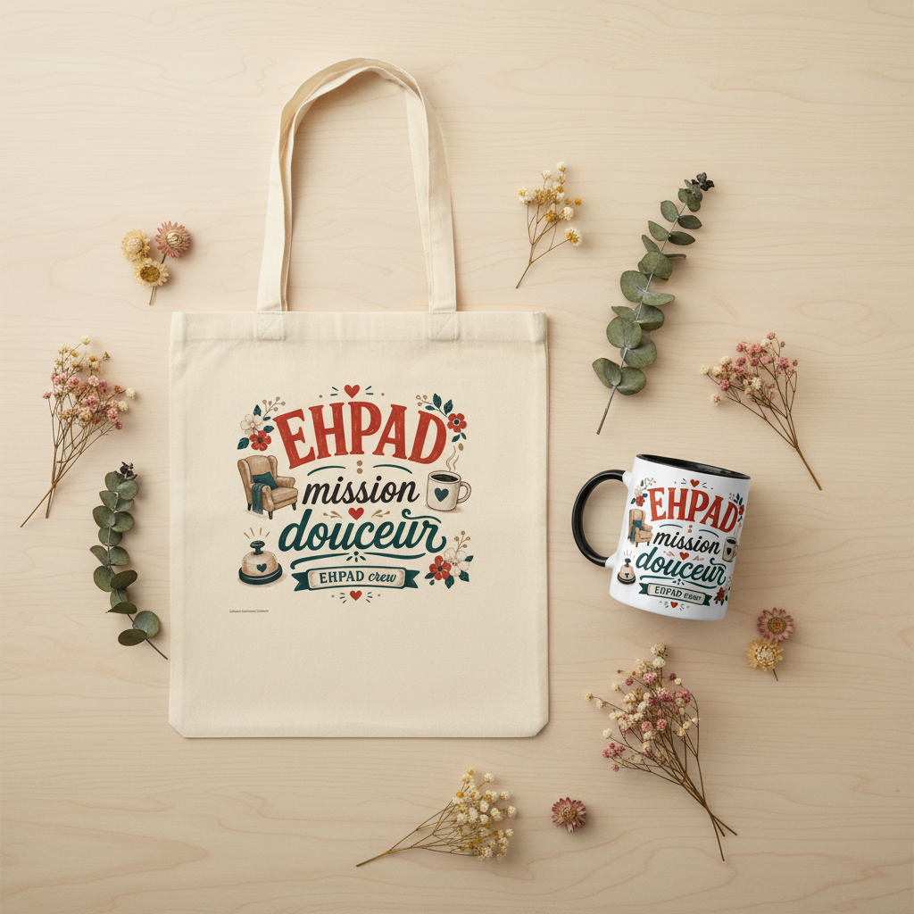 Sac en toile crème avec logo « EHPAD mission douceur » et mug blanc assorti