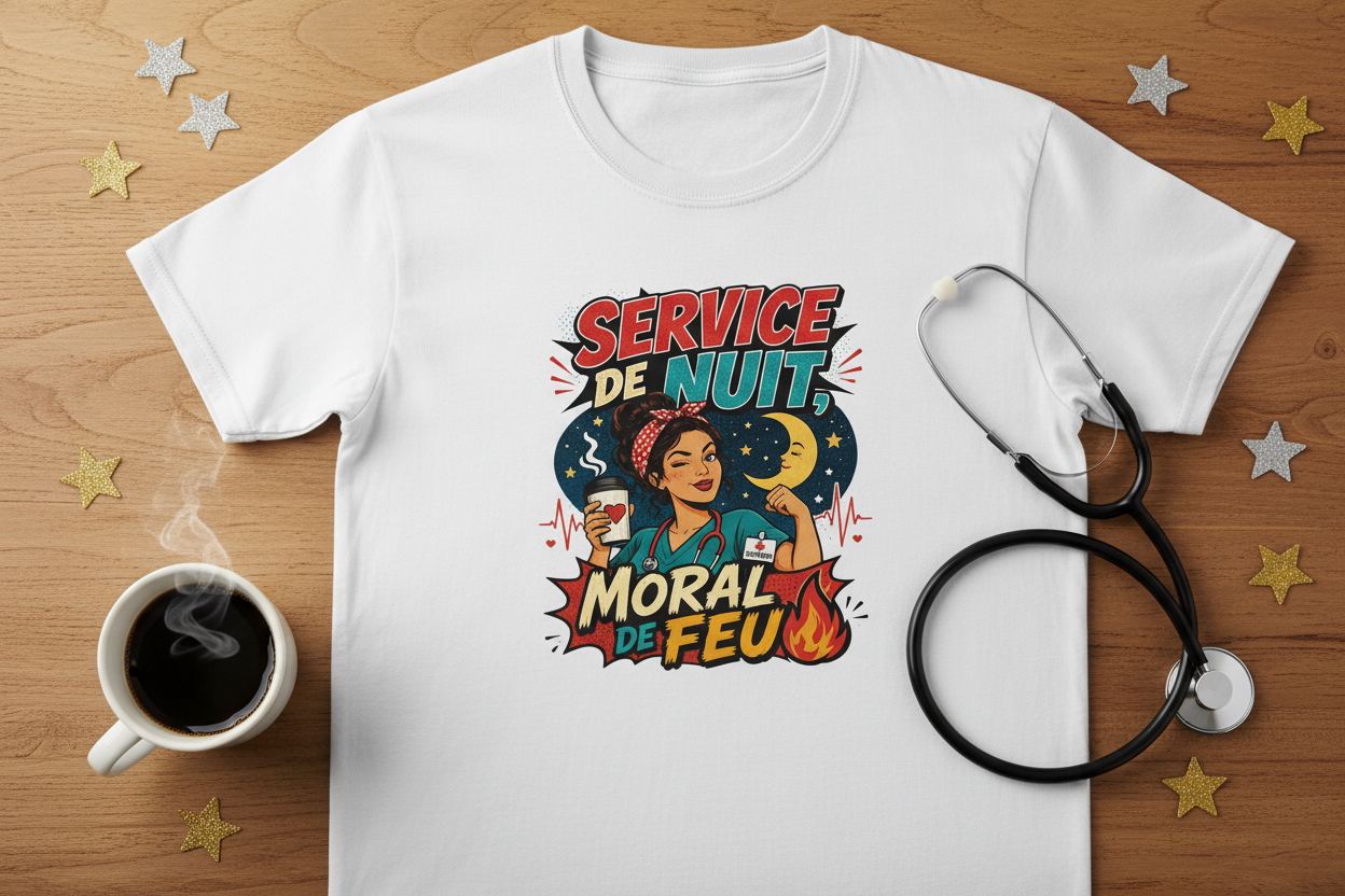 T-shirt blanc à motif graphique infirmière « Service de Nuit » « Moral de Feu »