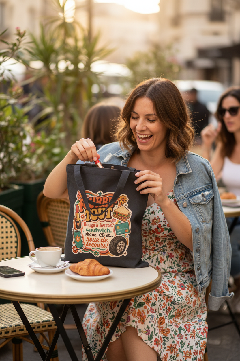 Sac fourre-tout noir en toile, anses longues et imprimé humour 'Fourre Tout'.