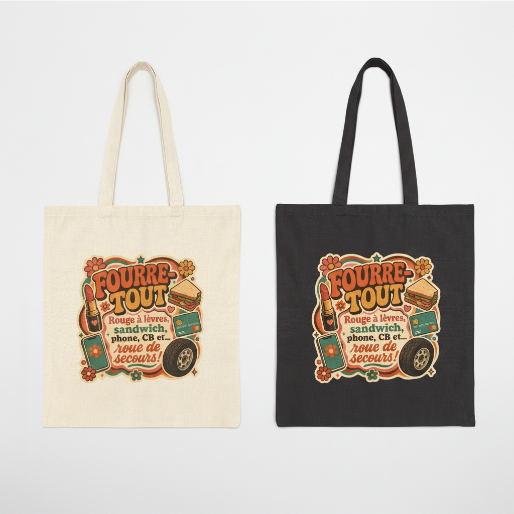 Ensemble de deux sacs fourre-tout en toile, naturel et noir, imprimé 'Fourre Tout'.