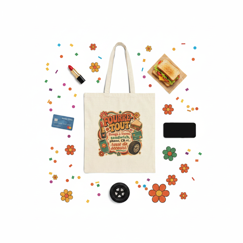 Sac fourre-tout en toile naturel avec logo 'Fourre Tout' et visuel sandwich.