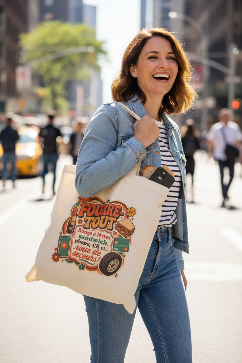 Sac fourre-tout en toile naturel, anses longues, imprimé humoristique 'Fourre Tout'.