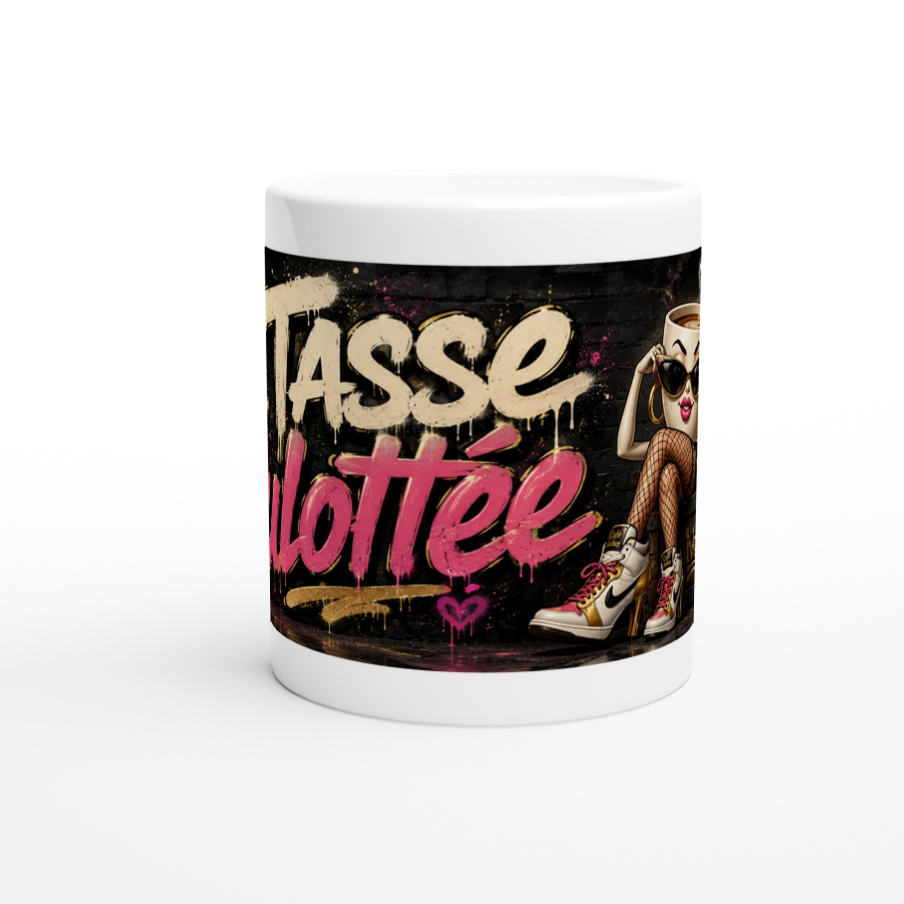 Mug blanc, décor noir avec texte rose « pause café » et silhouette de personnage.