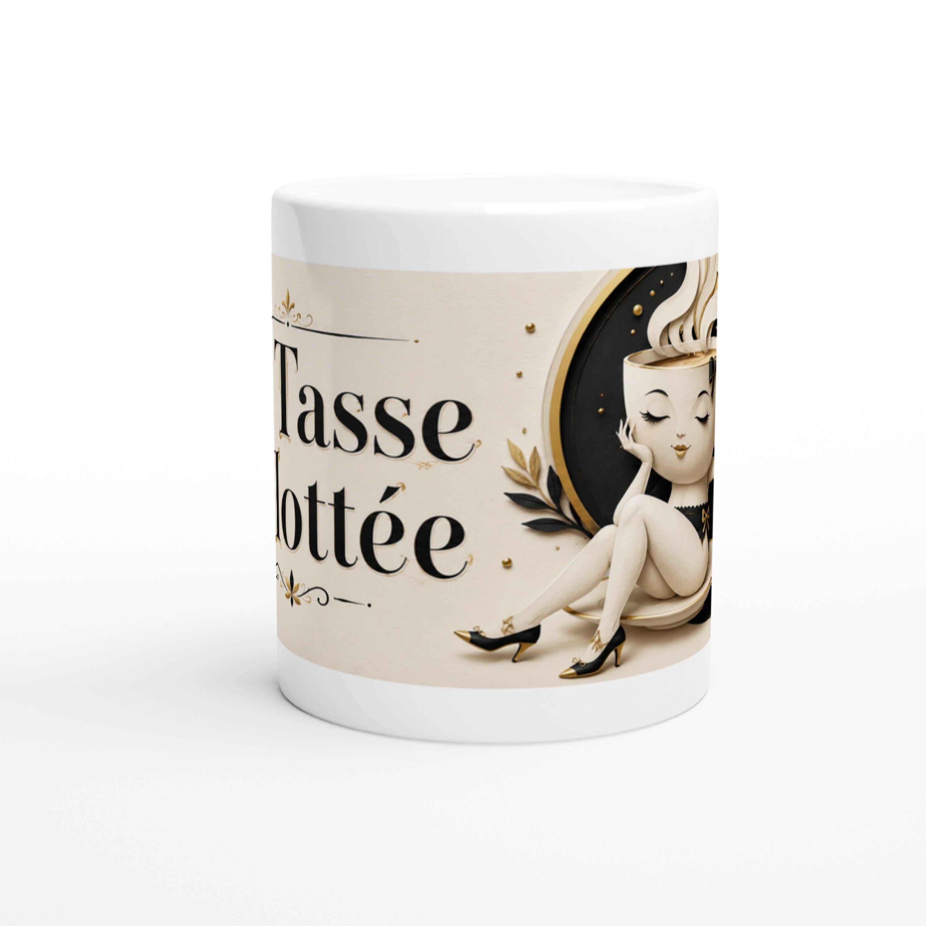 Mug blanc avec illustration d’une femme et lettrage « La Tasse Culottée »