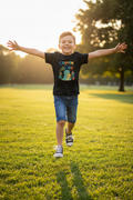 T-shirt enfant noir à manches courtes, motif dinosaures colorés sur le devant