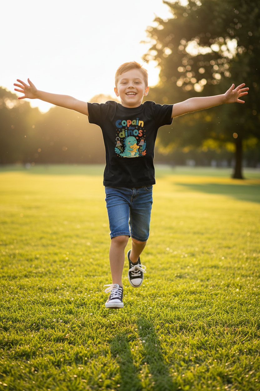 T-shirt enfant noir à manches courtes, motif dinosaures colorés sur le devant