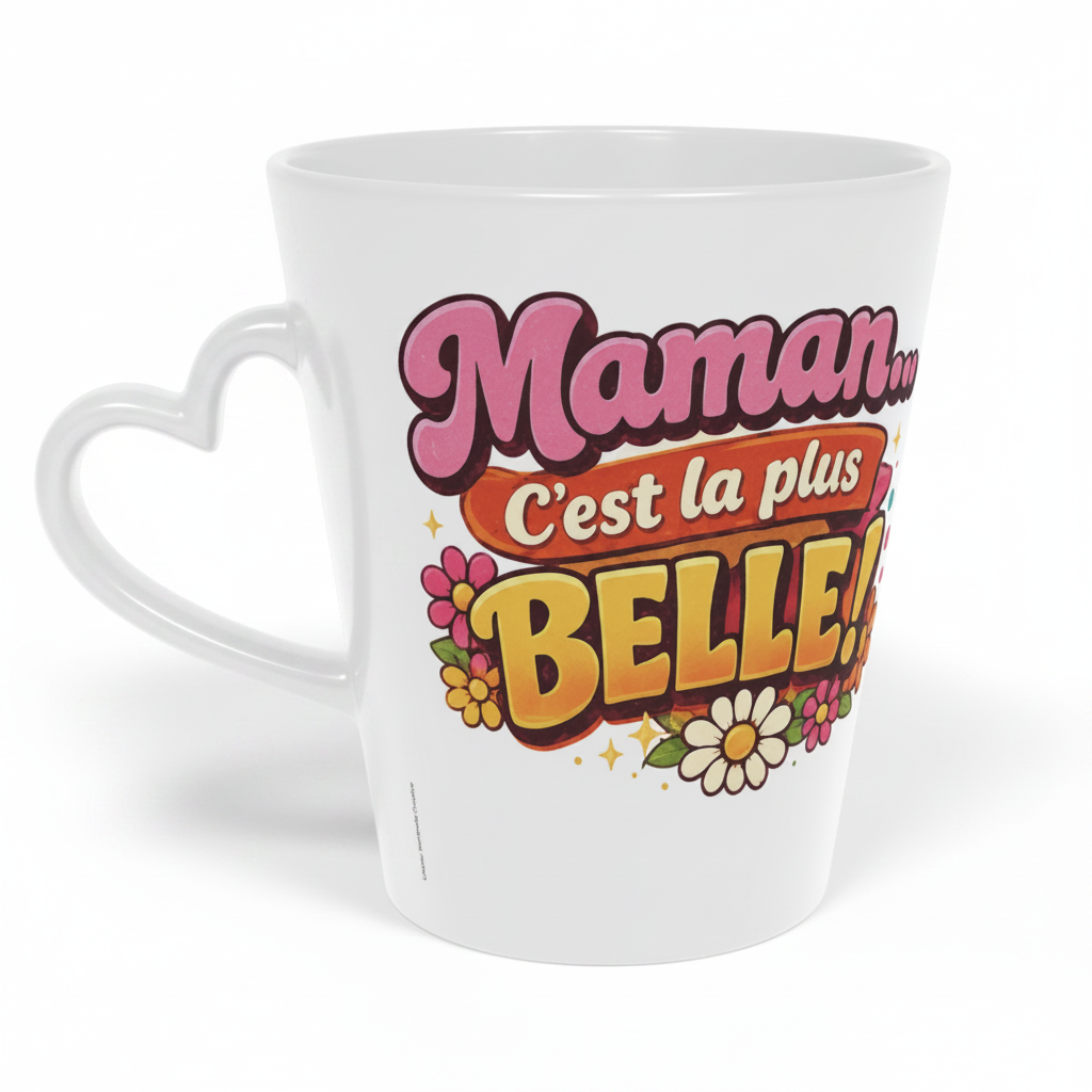Gros plan sur mug blanc « Maman… c’est la plus belle », anse en forme de cœur
