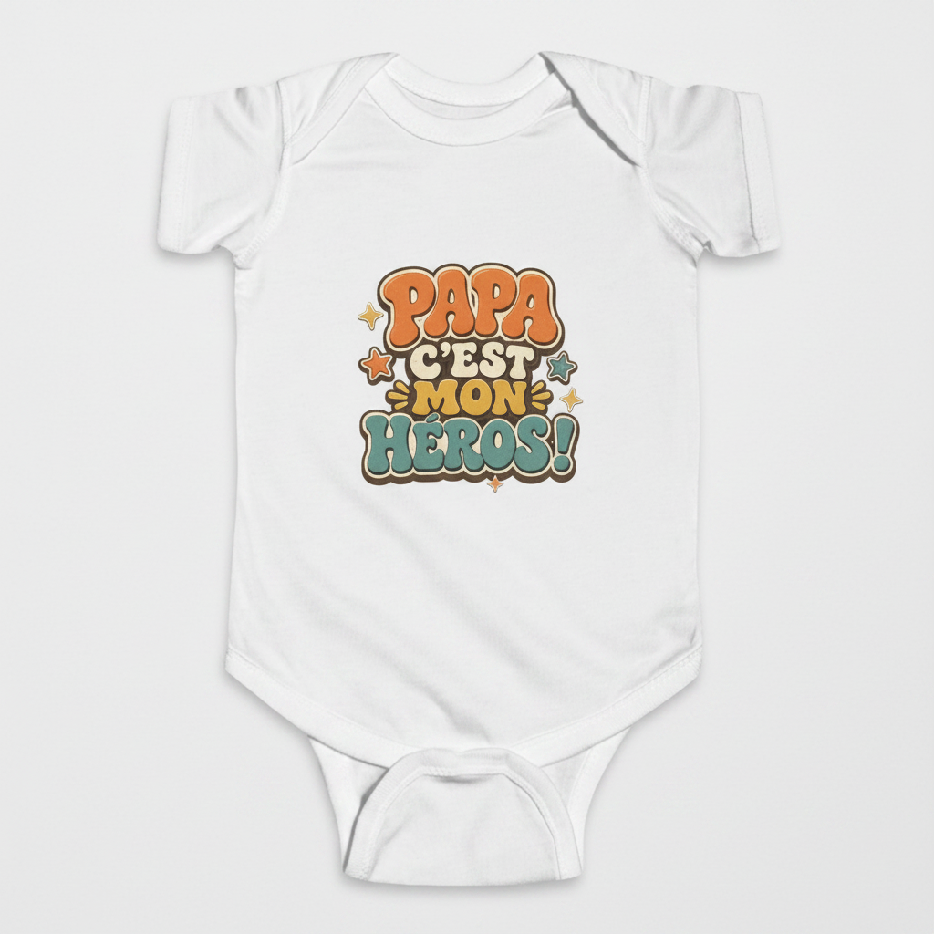 Body bébé blanc, gros plan, inscription « Papa c’est mon héros ! »