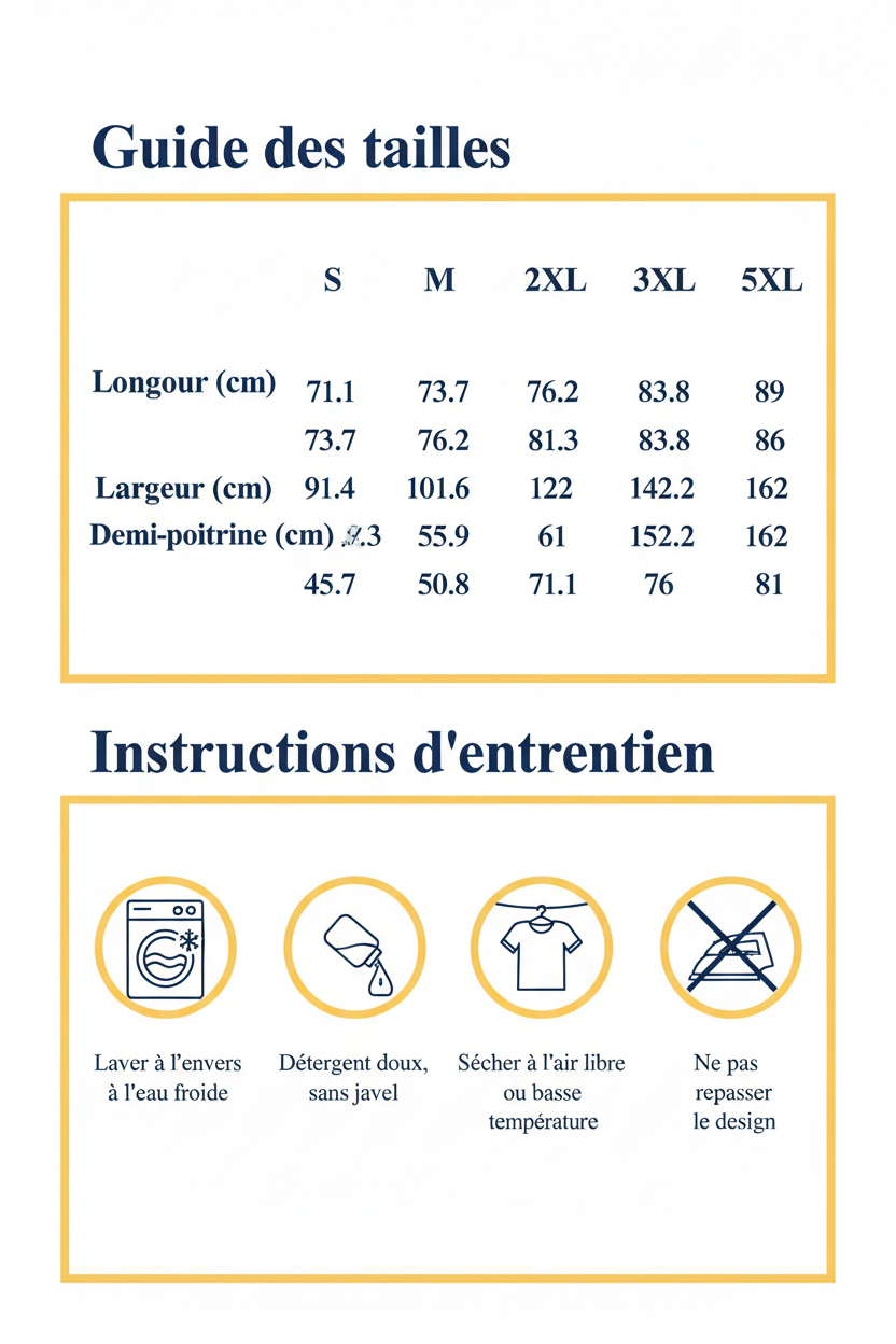 Guide des tailles et instructions d'entretien pour t-shirt