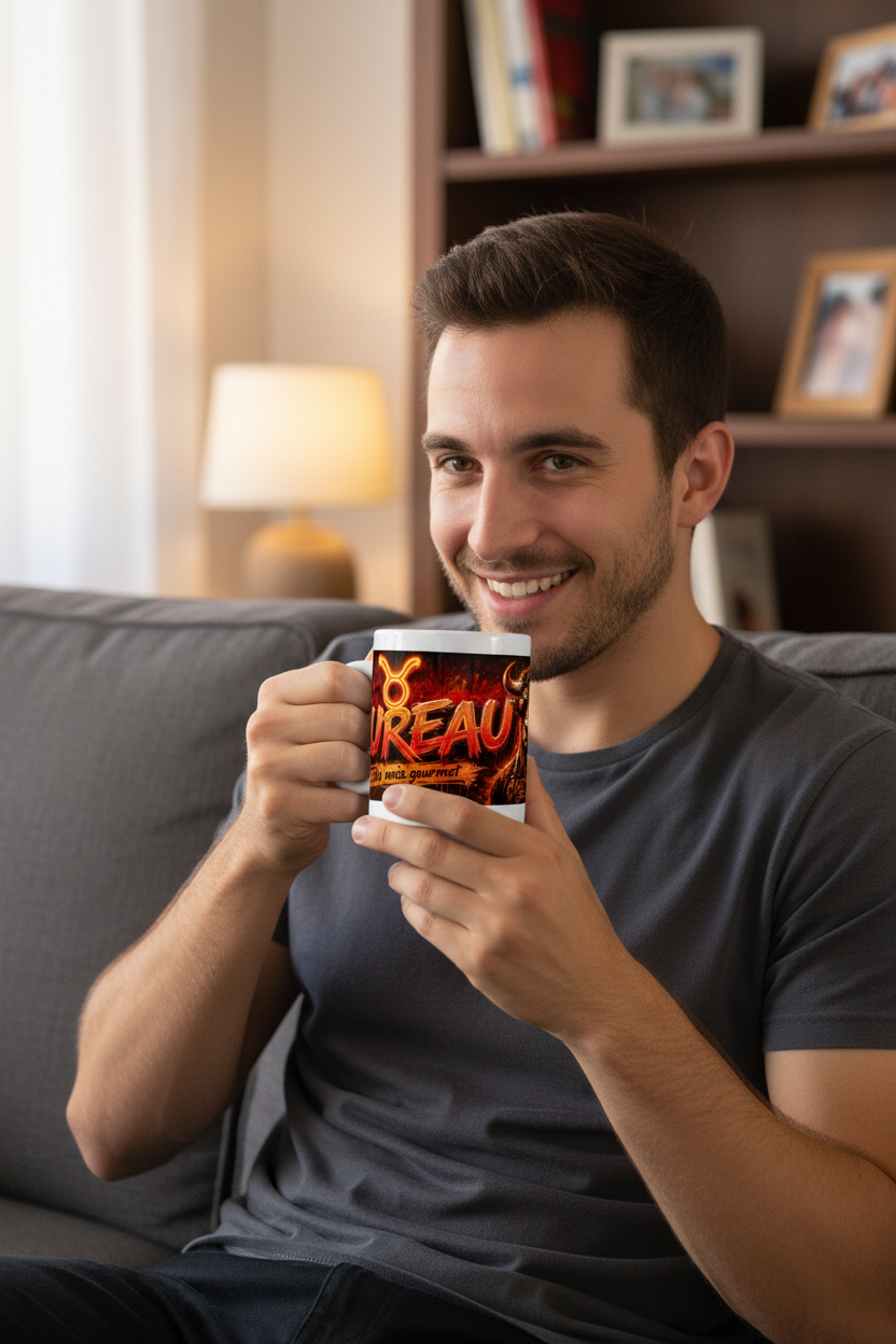 Tasse blanche en céramique, impression taureau et grand lettrage « UREAU » sur la face