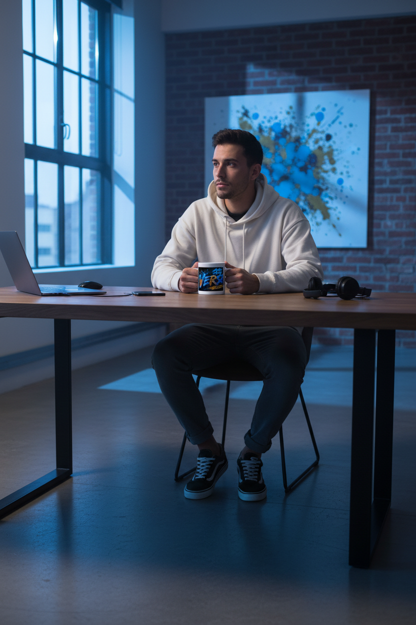 Mug Verseau bleu et doré « Génial mais loin » tenu par un homme au bureau