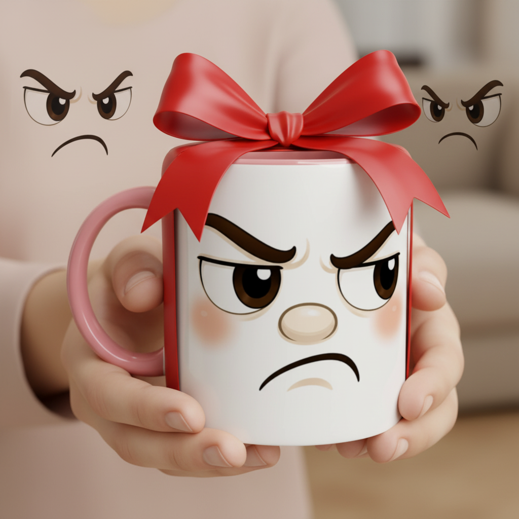 Mug bicolore avec nœud rouge, poignée rose, visage fâché imprimé.