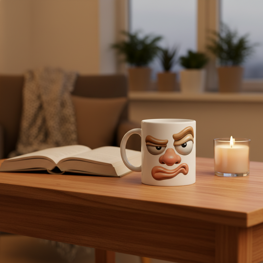 Mug humour visage grognon sur bureau cosy avec bougie et livre