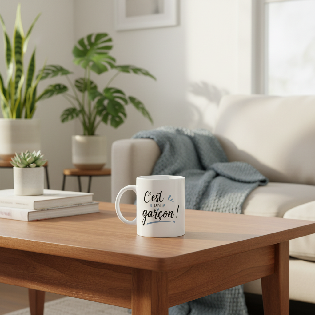 mug cest un garcon sur table basse salon plantes ambiance chaleureuse