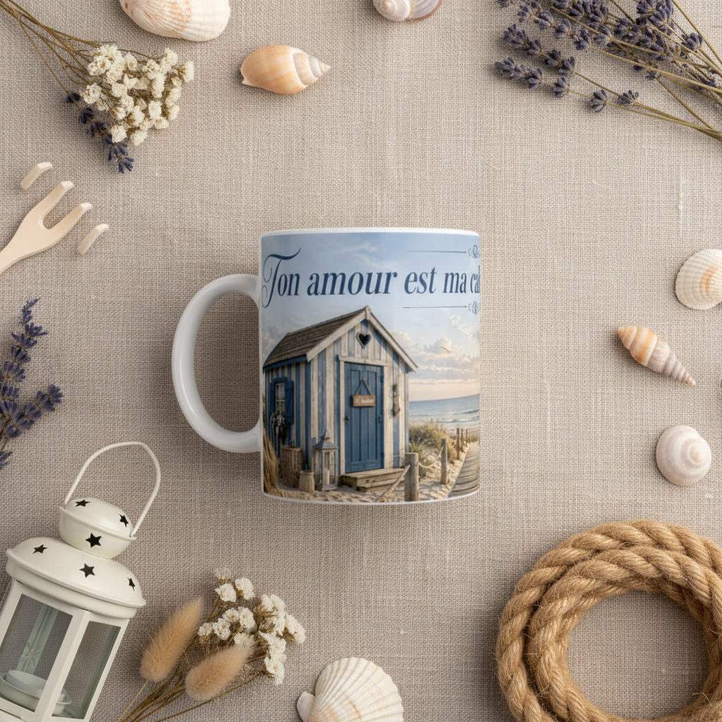 Flat lay mug cabane de plage bleue avec coquillages et lanterne sur lin, ambiance romantique Arcachon