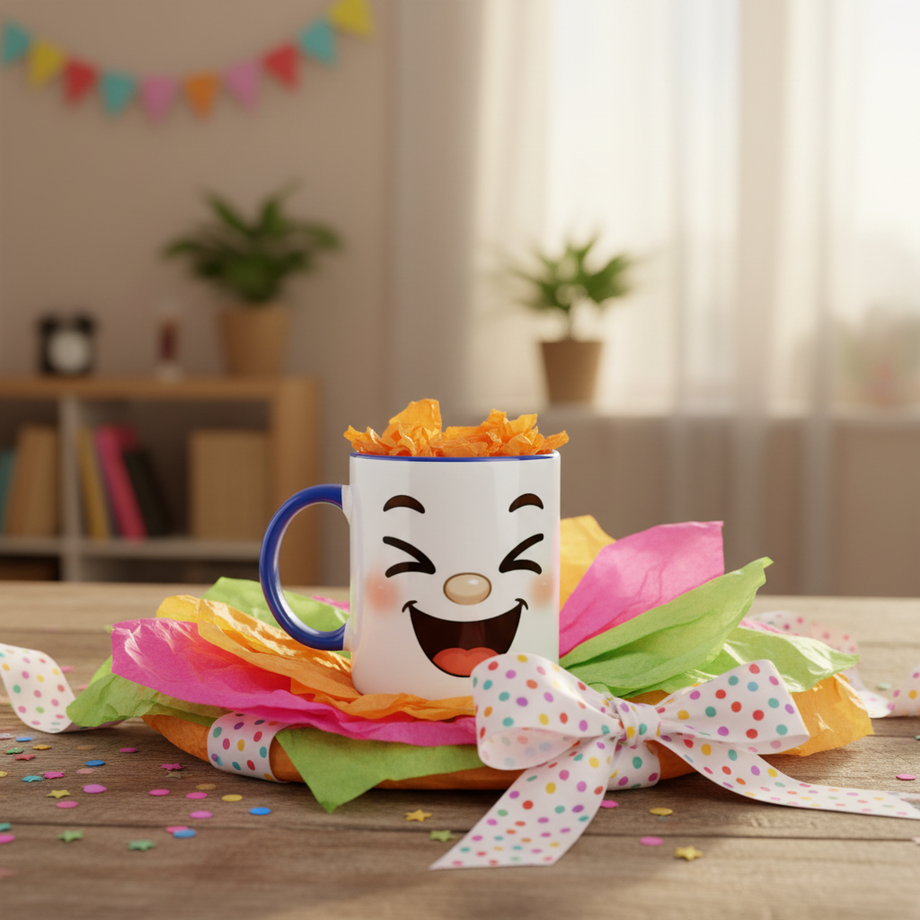 Mug en céramique blanc avec visage kawaii souriant, anse bleue