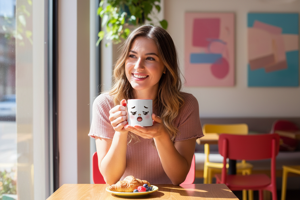 Tasse en céramique blanche avec visage endormi, yeux fermés et bouche rouge.