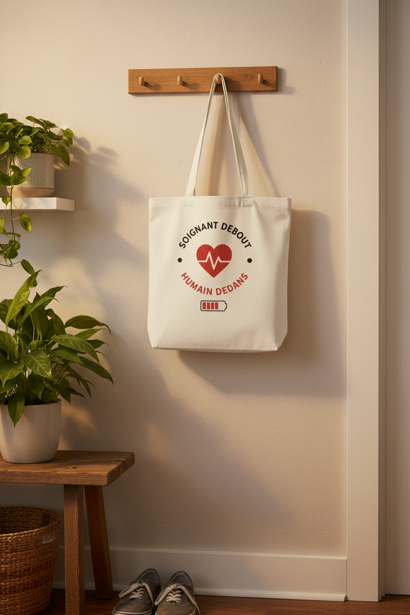 Sac cabas en toile beige suspendu au mur, logo cœur rouge et inscription