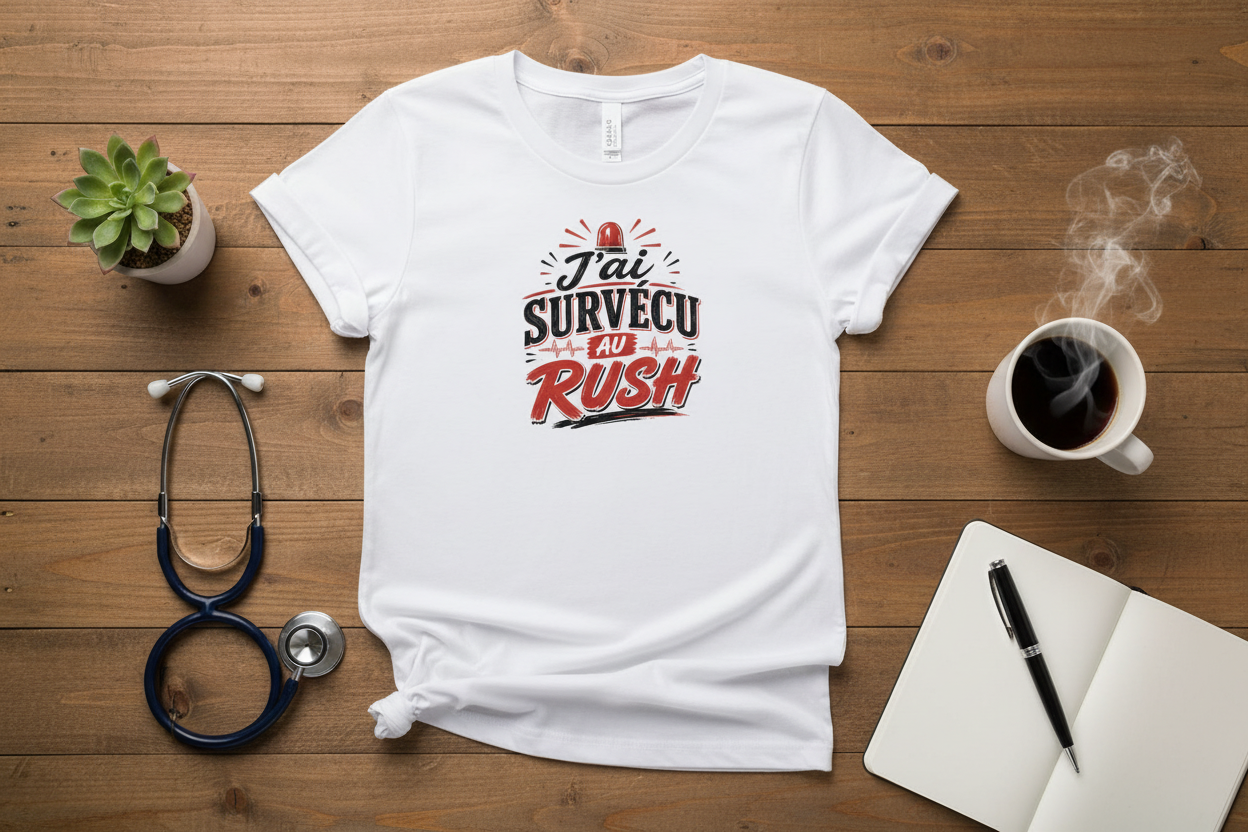 Flat lay du t-shirt J'ai Survecu au Rush avec stéthoscope, mug et carnet sur bois