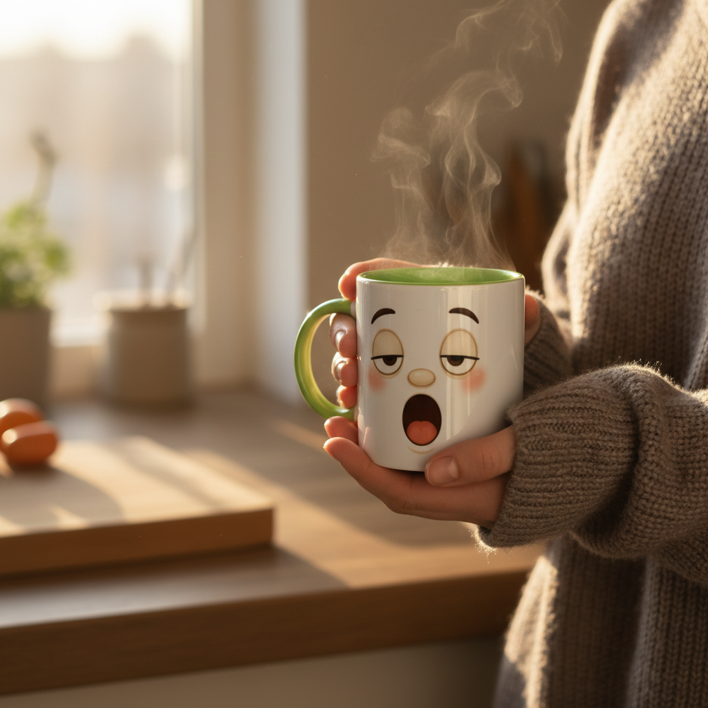 Mug blanc à bord vert, visage kawaii, tenue de main en pull.