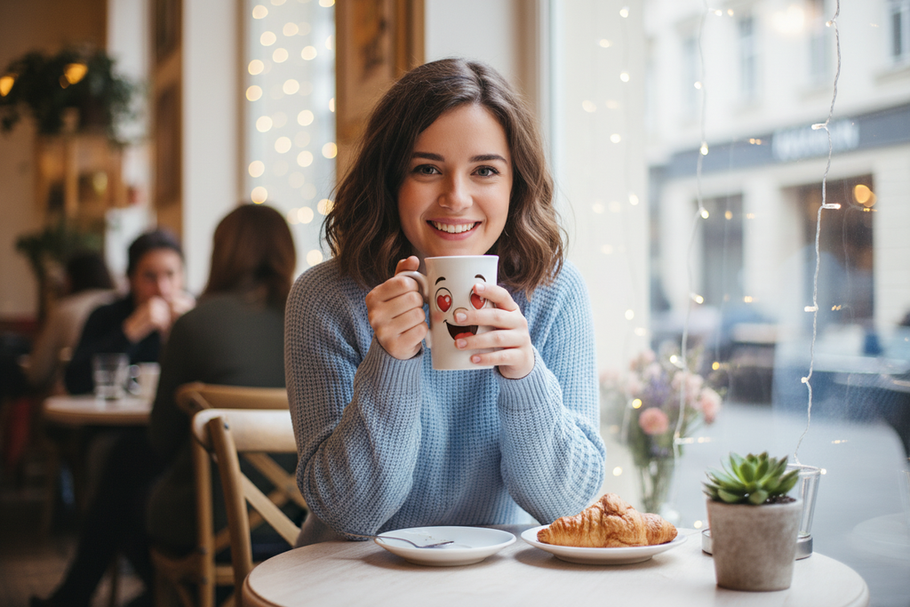 Mug blanc kawaii aux yeux en cœur, sourire rouge, une personne le tient