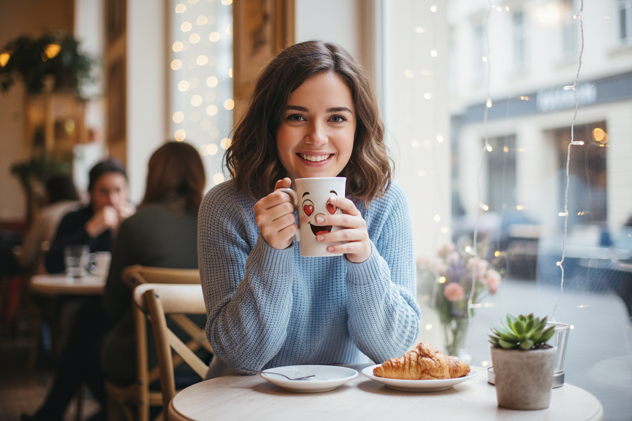 Mug blanc kawaii aux yeux en cœur, sourire rouge, une personne le tient