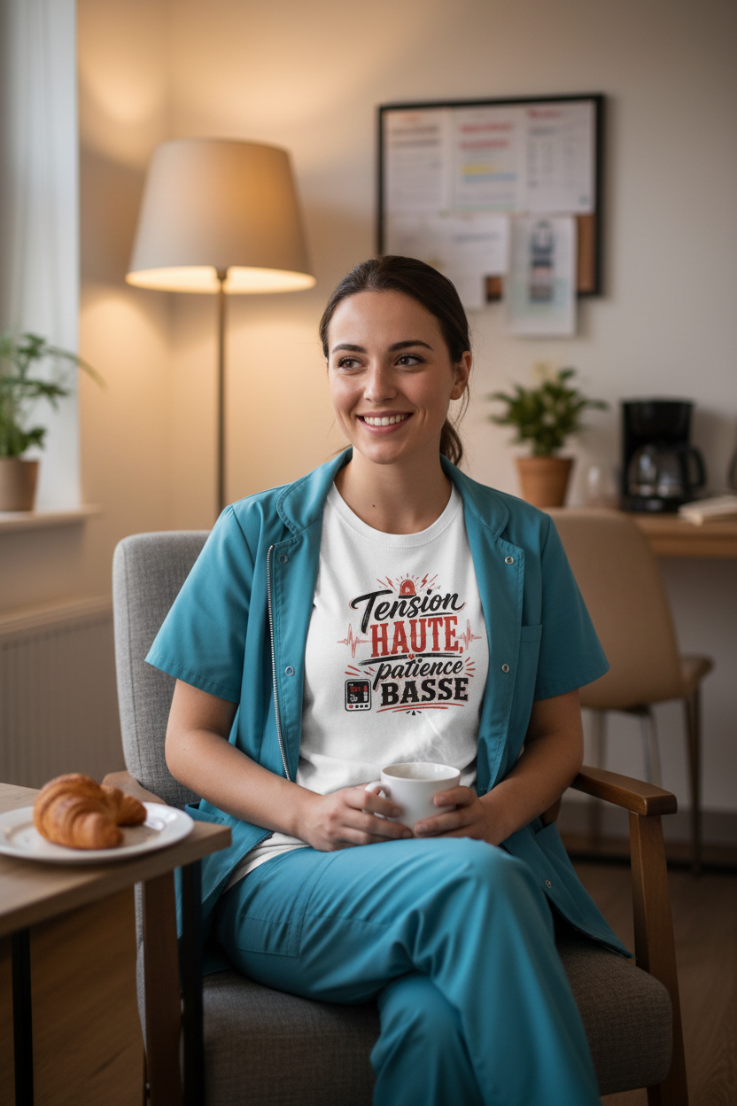 Soignante portant le t-shirt Tension Haute Patience Basse dans une salle de pause hospitalière