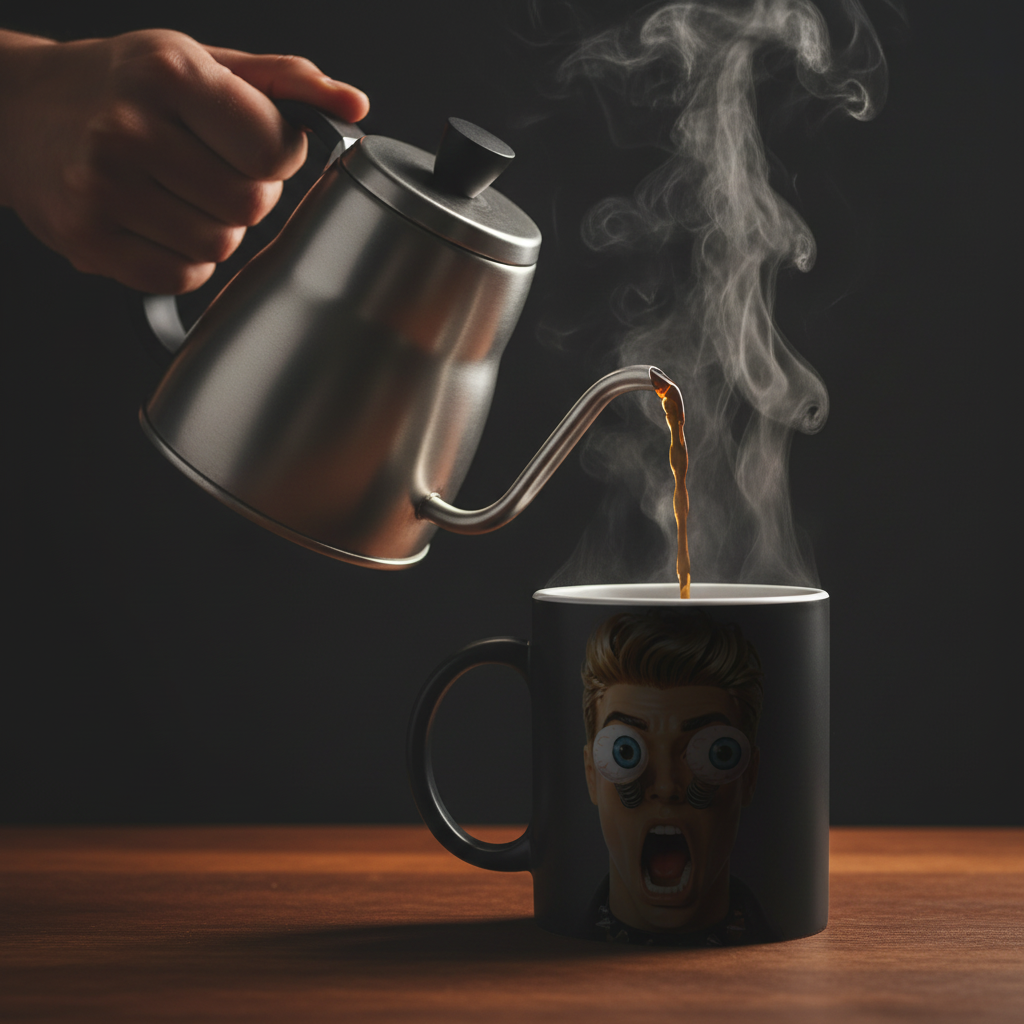 Mug magique thermosensible noir, design yeux à ressorts qui apparaît par magie au contact d'une boisson chaude, vapeur montante