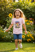T-shirt enfant rose clair avec imprimé multicolore, porté par une enfant en extérieur