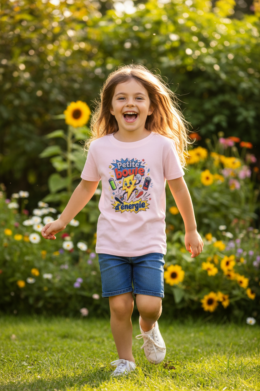 T-shirt enfant rose clair avec imprimé multicolore, porté par une enfant en extérieur