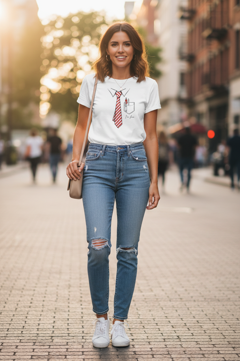 T-shirt femme blanc avec cravate rouge et blanche, motif poche et texte « I'm fine »