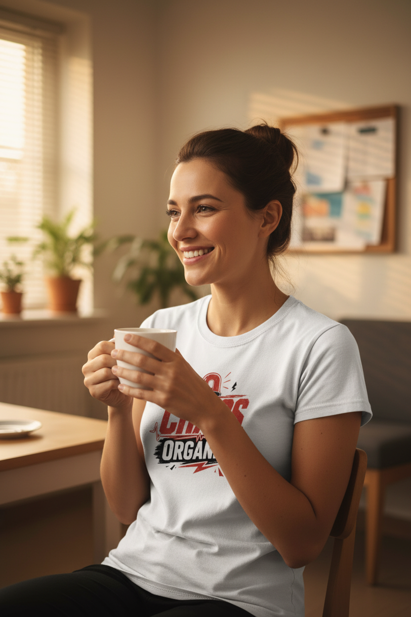 Infirmière souriante en t-shirt Chaos Organisé tenant un mug dans une salle de pause cosy