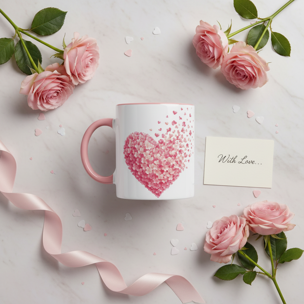 Mug blanc à anse rose, gros cœur rose et petits cœurs