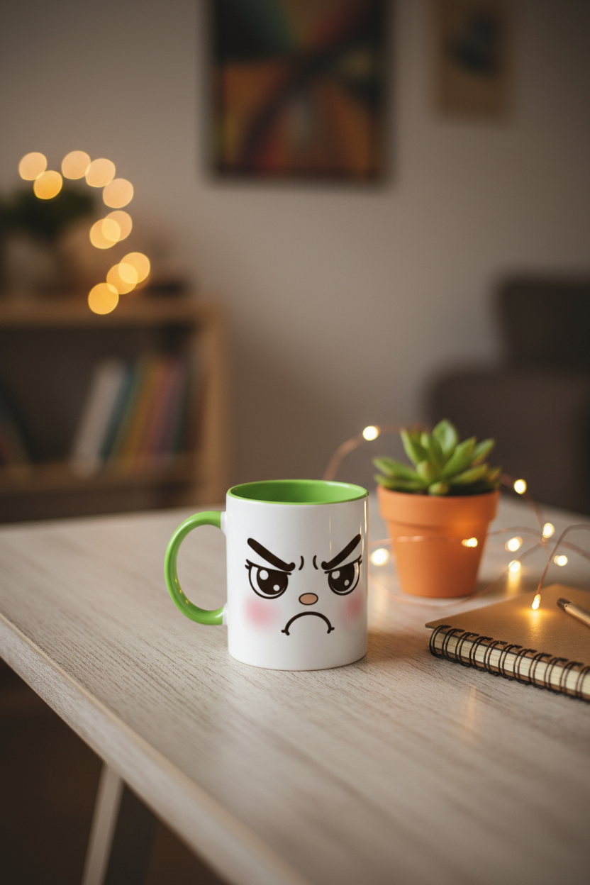 Tasse en céramique blanche à anse verte, visage kawaii en colère et traits noirs.