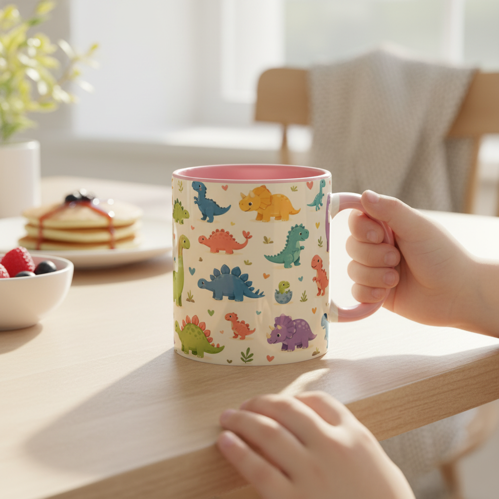 Enfant tenant le mug dinosaures kawaii pastel fond creme avec anse rose