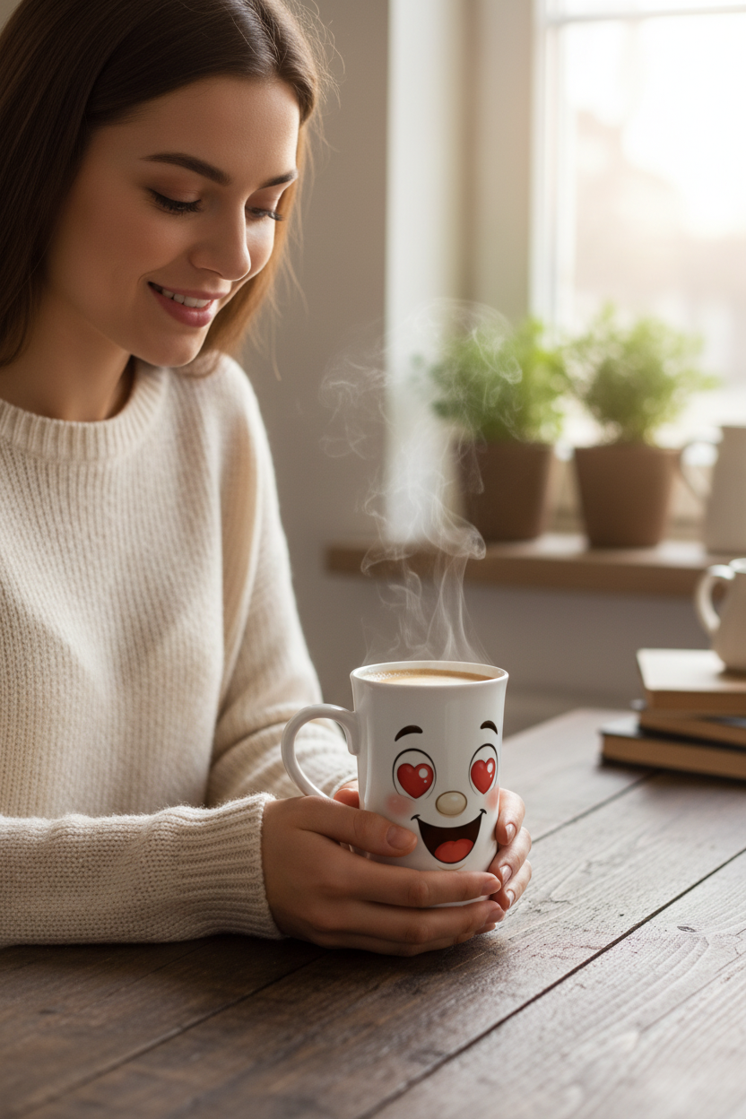 Mug blanc kawaii avec yeux en cœur, tenu par une femme, vapeur visible