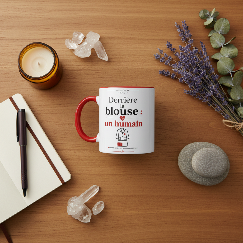 Mug blanc à poignée rouge posé sur un bureau, design imprimé.