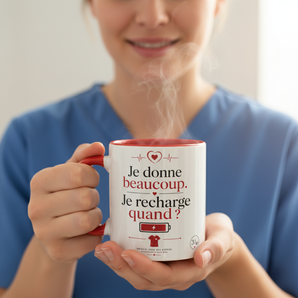 Mug en céramique blanc à anse rouge, gros plan, vapeur, texte « Je recharge quand ? »
