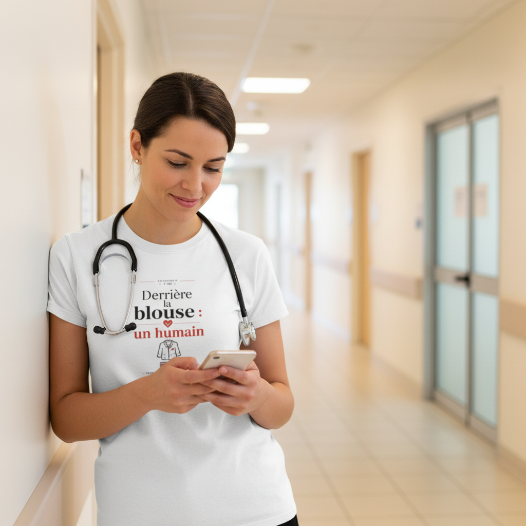 T-shirt blanc col rond, imprimé « Derrière la blouse : un humain », porté en tenue médicale.