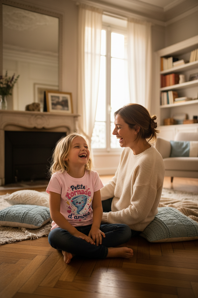 Petite fille en t-shirt rose clair Petite tornade d'amour avec sa maman dans un appartement bordelais