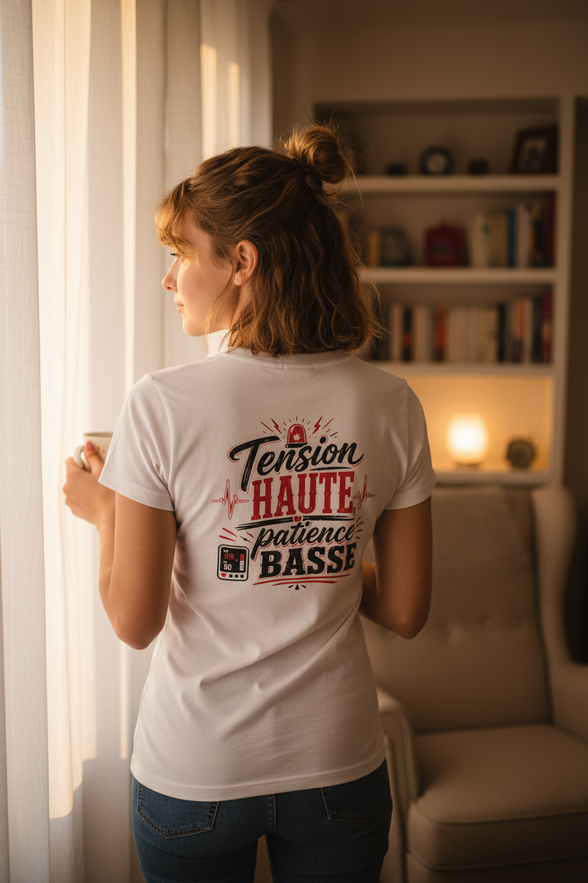 Vue dos du t-shirt Tension Haute Patience Basse porté par une soignante