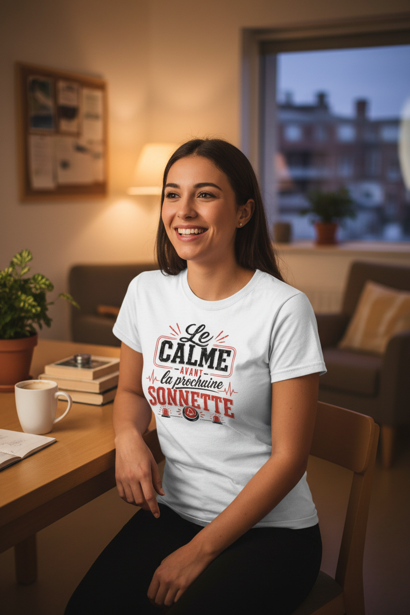 Soignante portant le t-shirt Le Calme avant la prochaine Sonnette dans une salle de pause